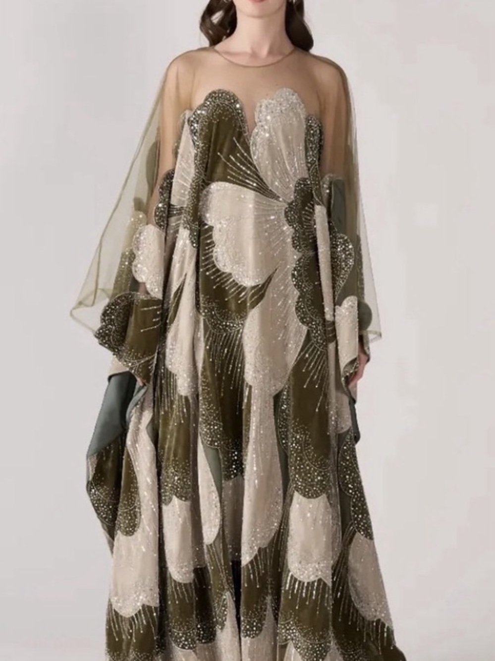 Dreamy Vow Beaded Kaftan Evening Dress with Wide Sleeves Floral Maxi Dress Green